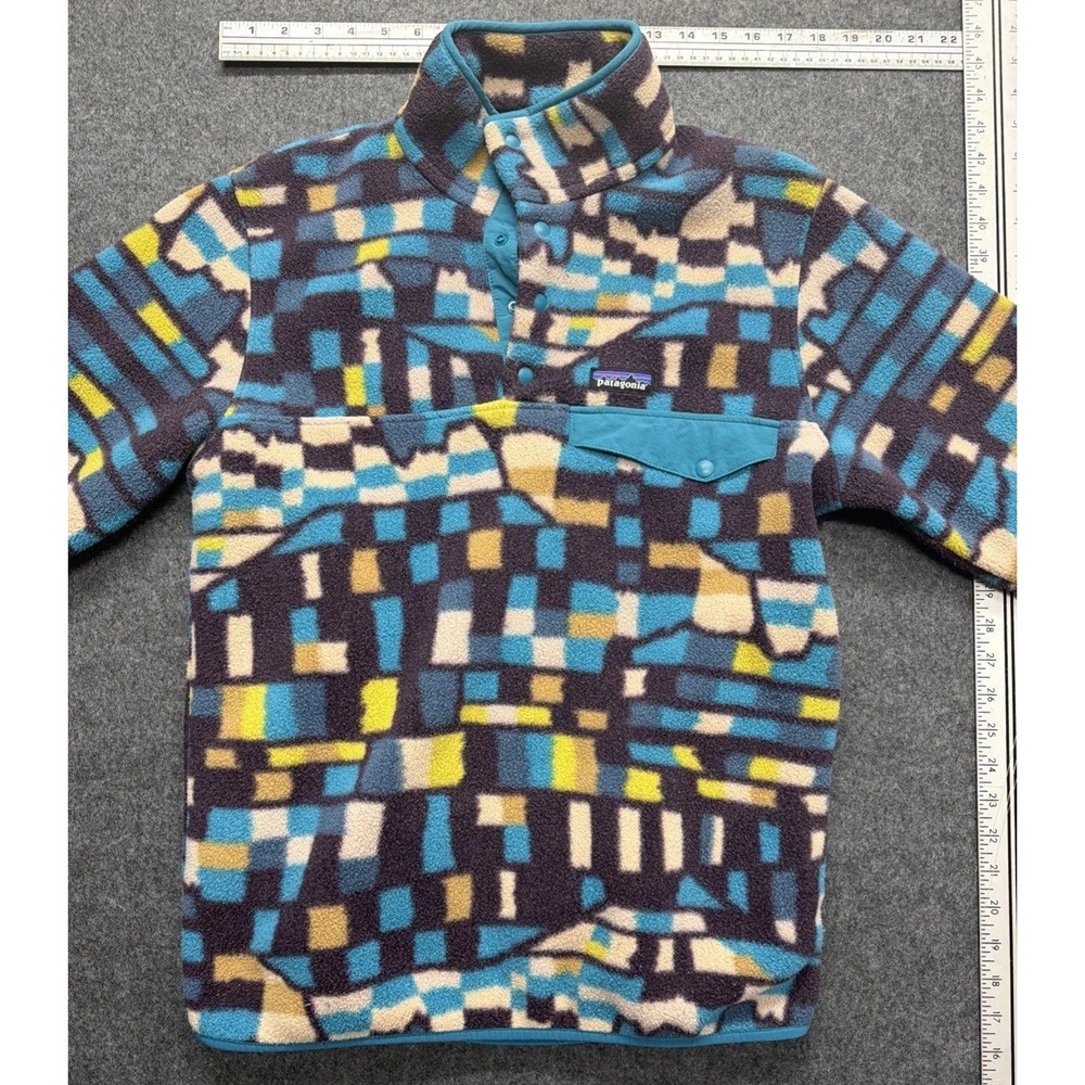 Patagonia Fitz Roy Patchwork Belay Blue Synchilla Snap T Fleece Mens Small